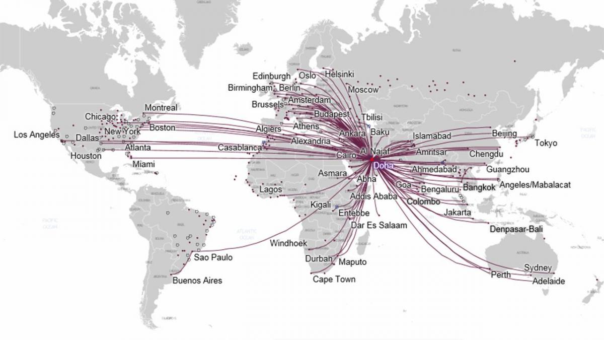 route kaart van qatar airways