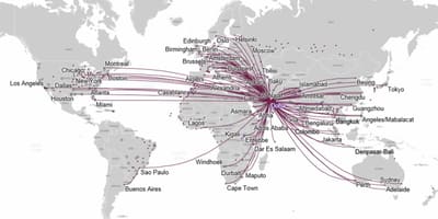 Qatar airways route kaart europa